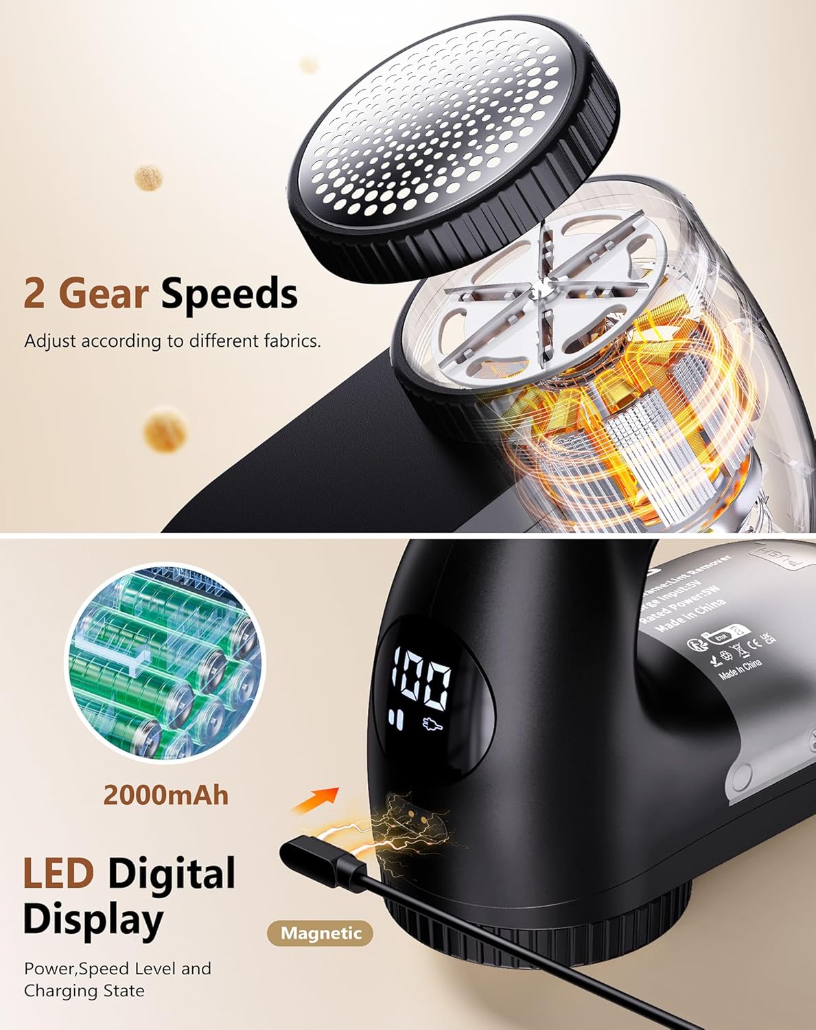 IPX6 Waterproof Washable Electric Fabric Shaver and Lint Remover, Rechargeable Sweater Defuzzer with 3 Free Extra Blades, Quickly and Effectively Remove Fluff,Fuzz,Bobbles for Clothes, Dark Black