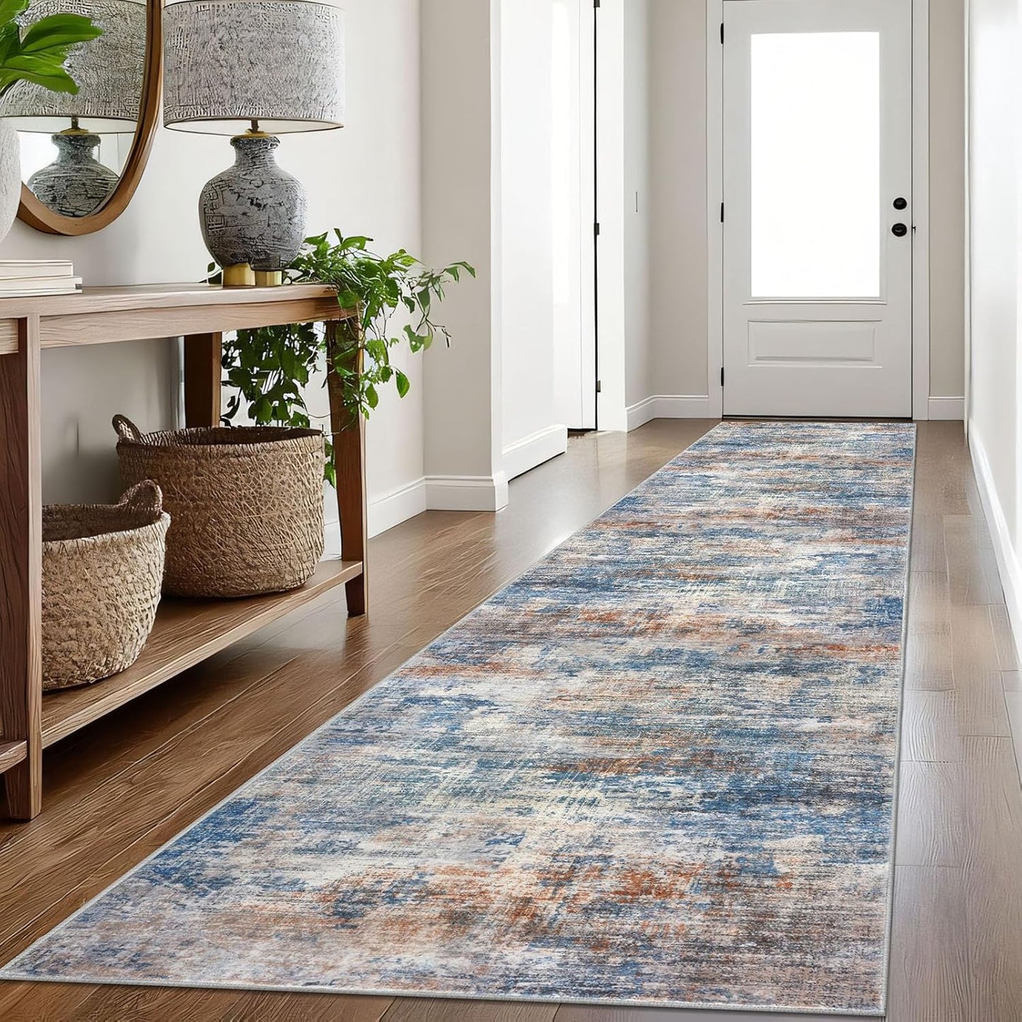 IOHOUZE Abstract Runner Rug 3x16 Ft Extra Long Washable Runners for Hallways, Non Slip Kitchen Runner Printed Faux Wool Entryway Runner Indoor, Modern Abstract Floor Carpet for Hall Stair, Blue Rust