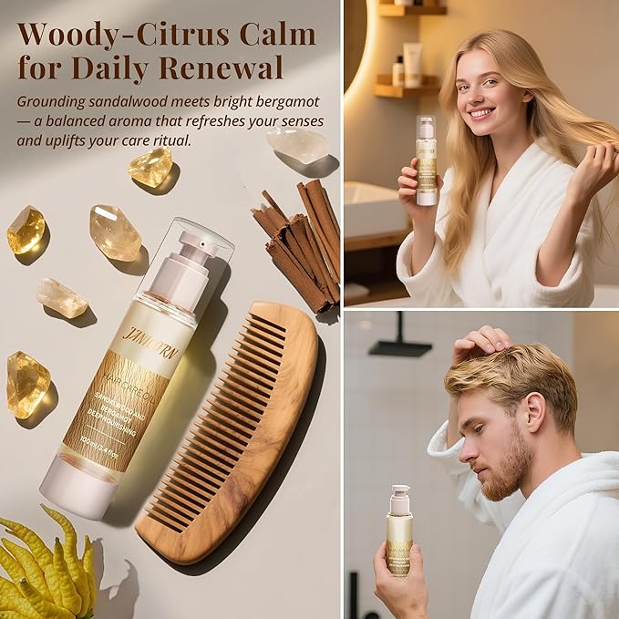 Leave-In Hair Oil with Sandalwood & Bergamot Essential Oils – Lightweight Frizz Control, Shine Enhancer & Heat Protection for Daily Hair Care – No-Rinse Oil, 3.4 fl oz (100ml)
