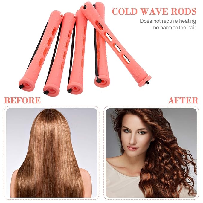 24 Pieces Hair Perm Rods Plastic Cold Wave Perming Curlers Hair Rollers with Steel Pintail Comb Rat Tail Comb Tools for Hairdressing Styling(Pink,0.51 Inches)