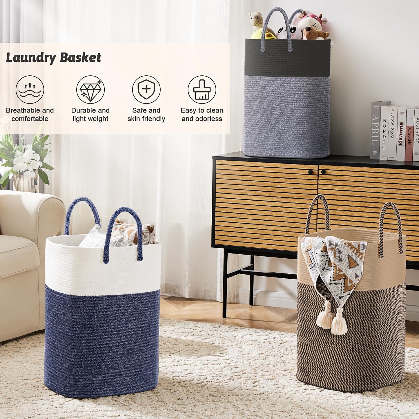 Laundry Basket,Woven Cotton Rope Laundry Hamper,Versatile Storage for Dirty Clothes,Baby Toys,and Blankets in Bathroom, Nursery,and Living Room (Jute, 60L)