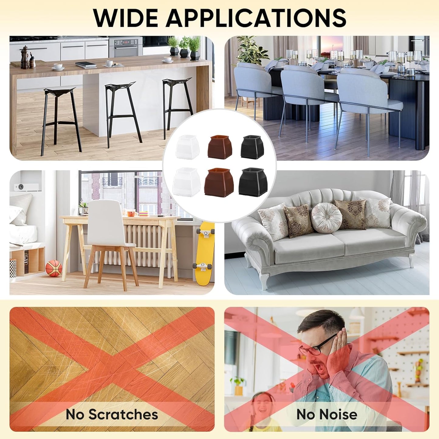 BALEINE 24 Pack Silicone Chair Leg Floor Protectors, Stool Leg Protectors Cap, Non-Slip Chair Leg Caps for Hardwood Floors (Black & Large (Square), 24 Pack)