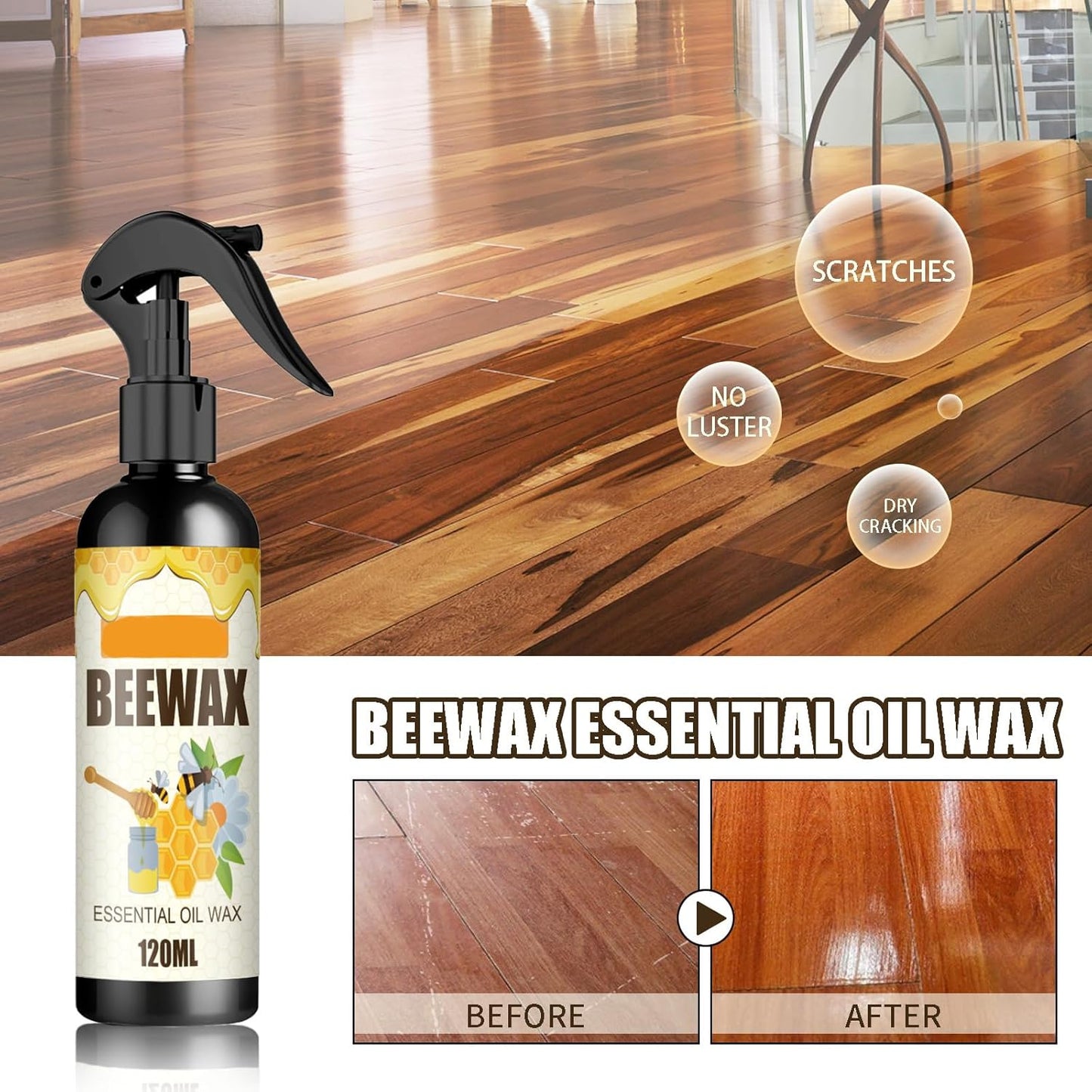 Beeswax Spray Cleaner with Sponge & Towel for Wood Furniture, Natural Beeswax Care For Wood Floors, Furniture, Tables, Cabinets (Lemon)