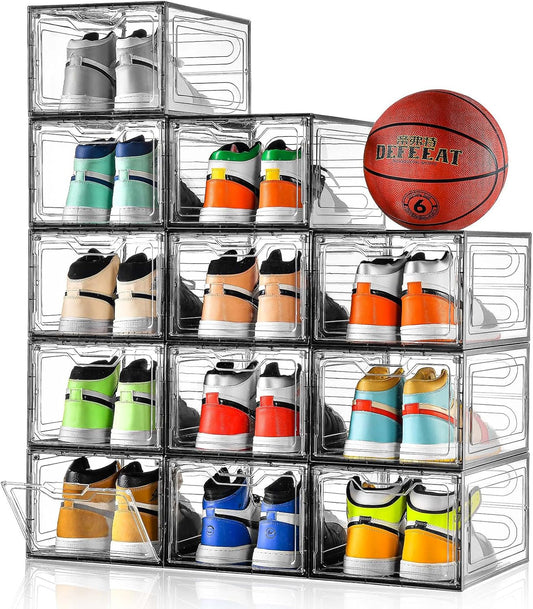 12 Pack Shoe Boxes Shoes Organizer, Shoe Storage Organizer Boxes with Magnetic Door, Clear Shoe Organizers Sneaker Storage Shoe Box for Women/Men, Fit up to US Size 12