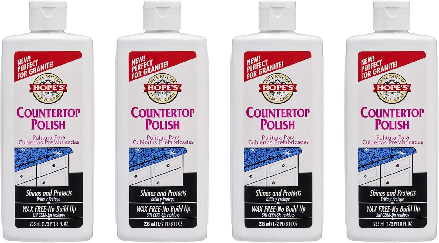 HOPE'S Countertop Restoration Polish, Streak-Free Kitchen Counter Cleaner, No Buildup on Countertops, Quartz, Marble, Corian, Composite, and Granite Polish, 8 Fl Oz, Pack of 4