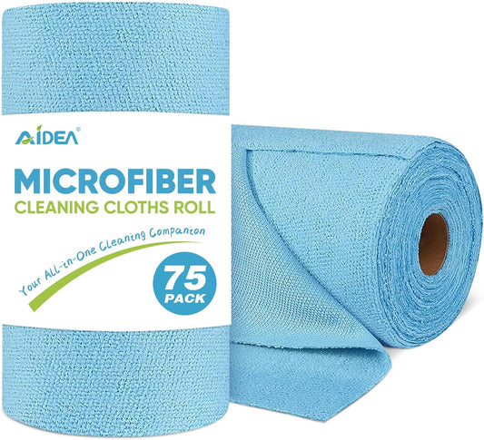 AIDEA Microfiber Cleaning Cloth Roll, 75PK, Reusable Tear Away Paper Towels, Microfiber Towels for Cars, Washable Shop Rags Blue, Lint Free Rags for House, Mechanic, Workshops, 11.5"×11.5"