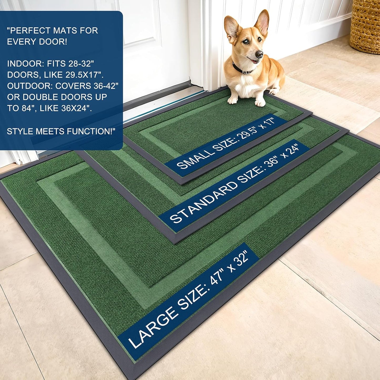 OLANLY Front Door Mat Indoor Outdoor Entrance, Waterproof All-Season, All-Weather Doormat, Sturdy Natural Rubber, Fade Resistant, Low Profile, Easy Clean Patio Porch Entryway Mat, 47x17, Green