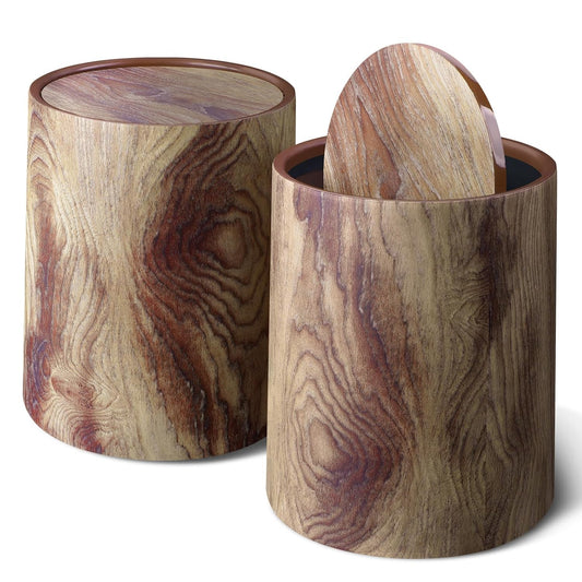 Wood Grain Plastic Trash Can Swing Top Lid, 4Gal/15L Farmhouse Wastebasket Bin Retro Style with Inner Bucket, Bathroom Trash Can Hidden Bag for Room Aesthetic, Round Brown Garbage Can 2pack