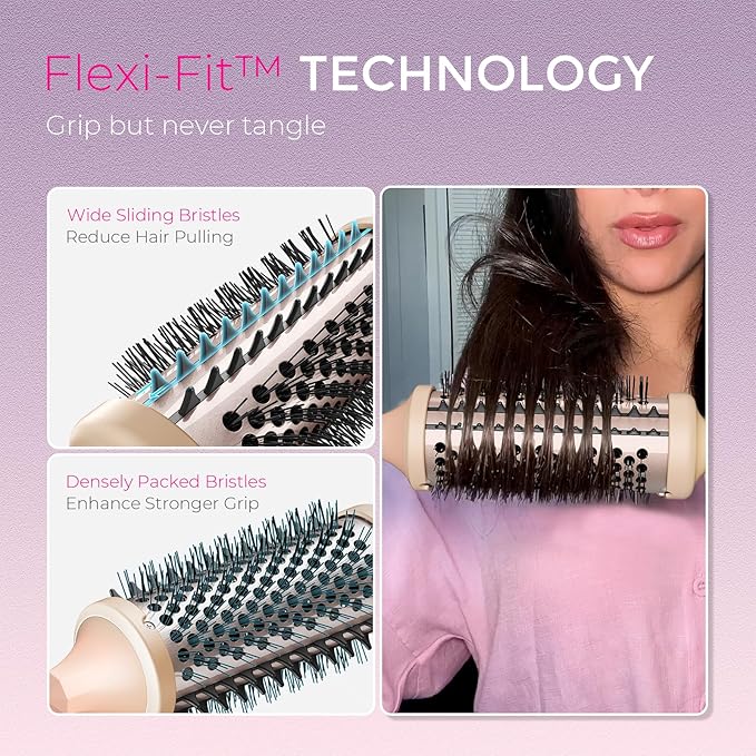 TYMO 2.0 Thermal Brush Curling Brush - STYLUX 1.7" Blowout Volumizer with Flexi-Fit for Hair Straightening, Heated Round Styler Tool, Hair Straightener and Curler 2 in 1, Dual Voltage & Light, Pink