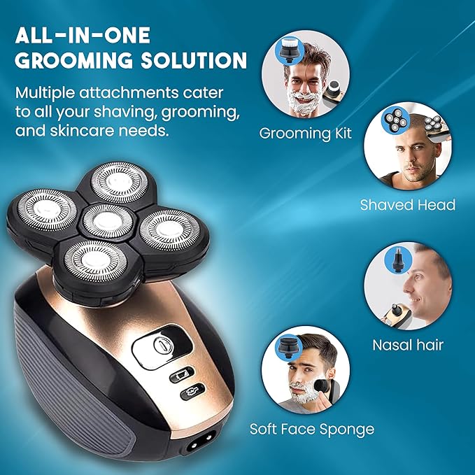 5-in-1 Rotary Electric Razor Bald Head Shaver | 4D Rechargeable and Cordless Beard Trimmer | Includes Skull Shaver, Clippers, Nose Hair Trimmer, Face Scrubber & Facial Cleansing Brush