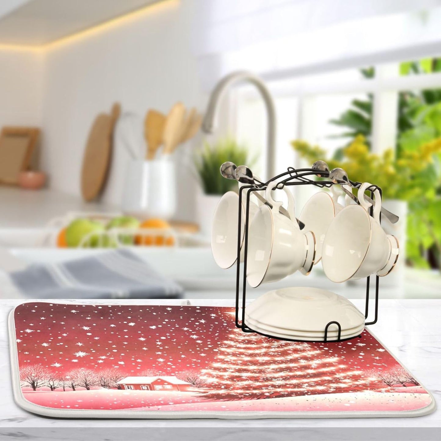 Christmas Tree Red Dish Drying Mat for Kitchen Countertop 16x18 Winter Snow Cabin Xmas Small Drying Mat Reusable Quick Dry Dish Sink Mats Easy Clean Decorative Essentials