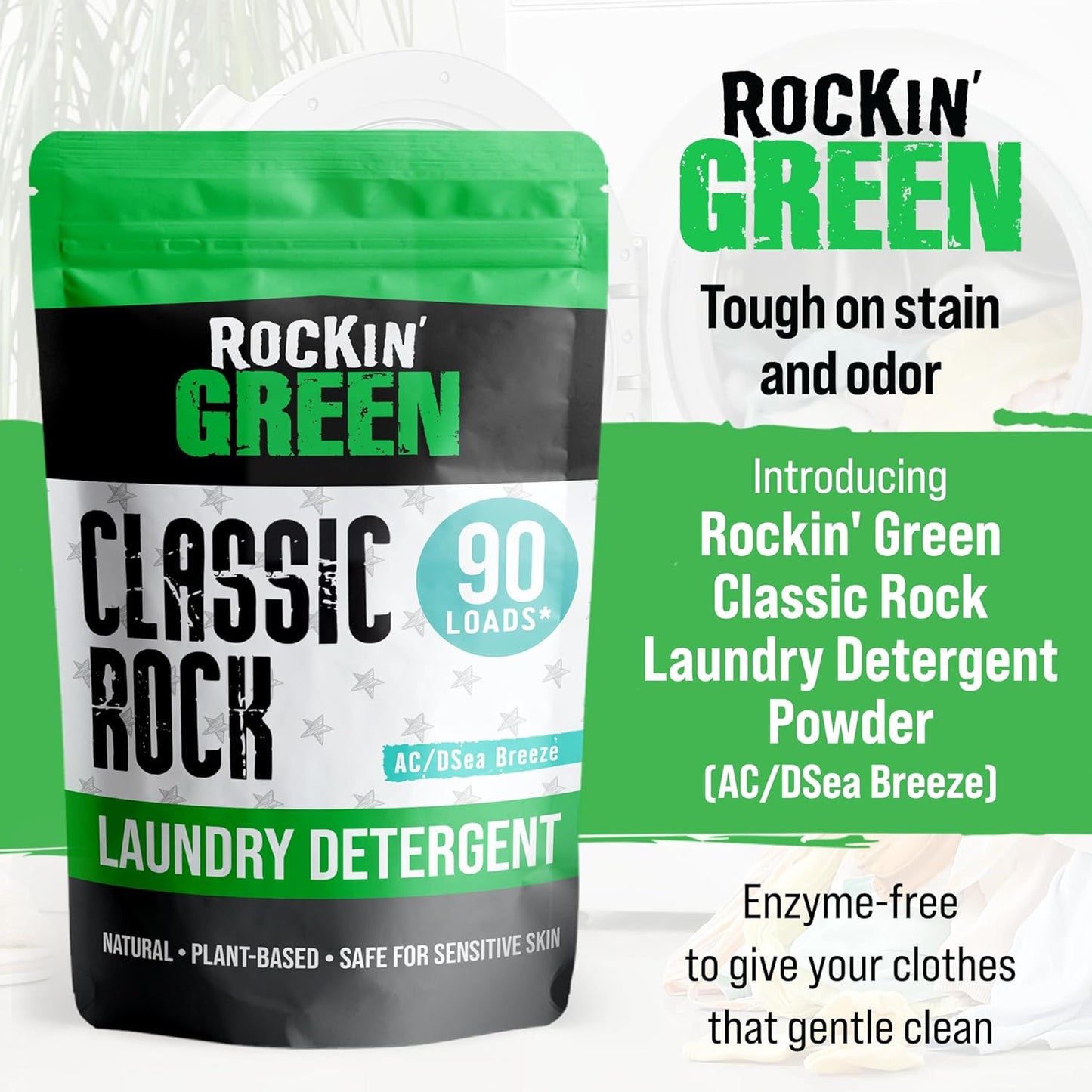Rockin' Green Classic Rock Laundry Detergent (90 Loads), Plant based, All Natural Laundry Detergent Powder, Vegan and Biodegradable Odor Fighter, Safe for Sensitive Skin, 45 oz (AC/DSea Breeze)