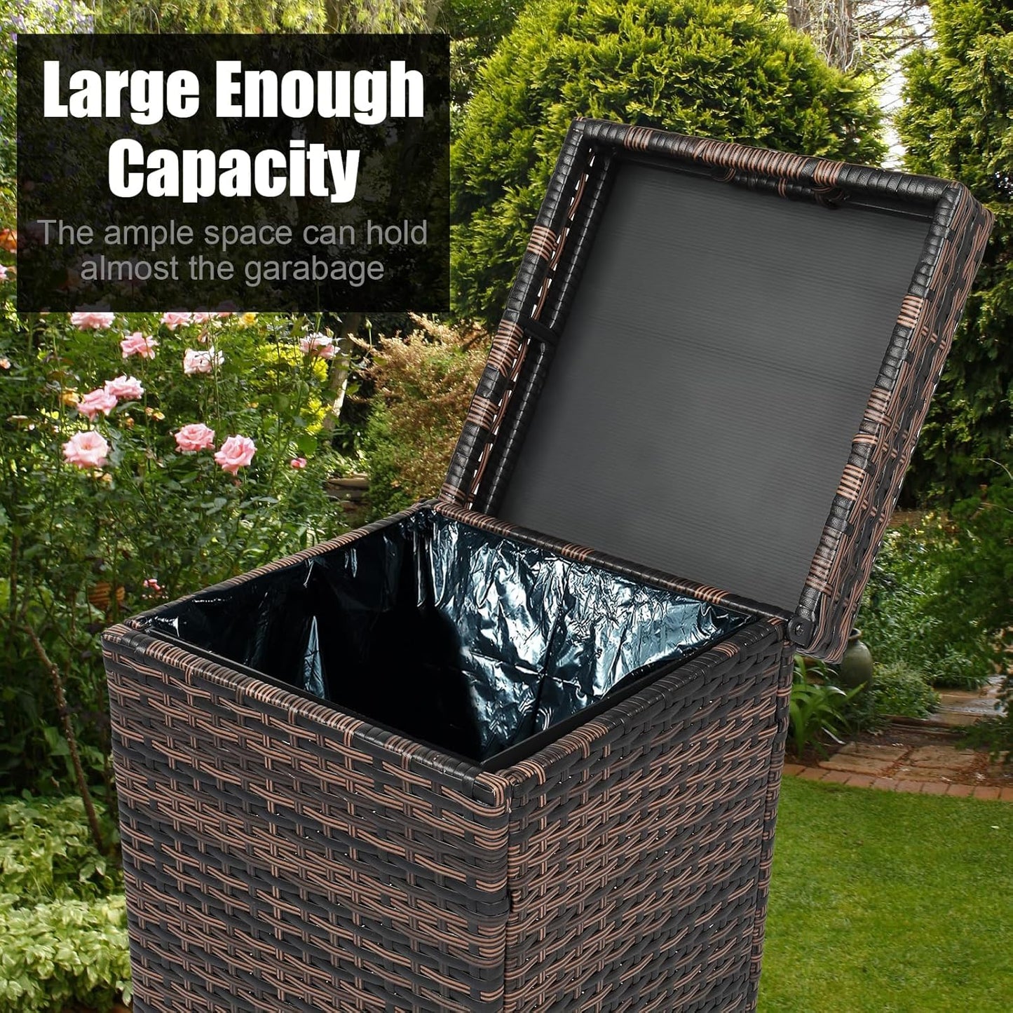 VINGLI Wicker Patio Trash Can, 27 Gallon Rattan Trash Can with Removable Lid, Outdoor Wicker Waste Basket, Wast Container (Brown)