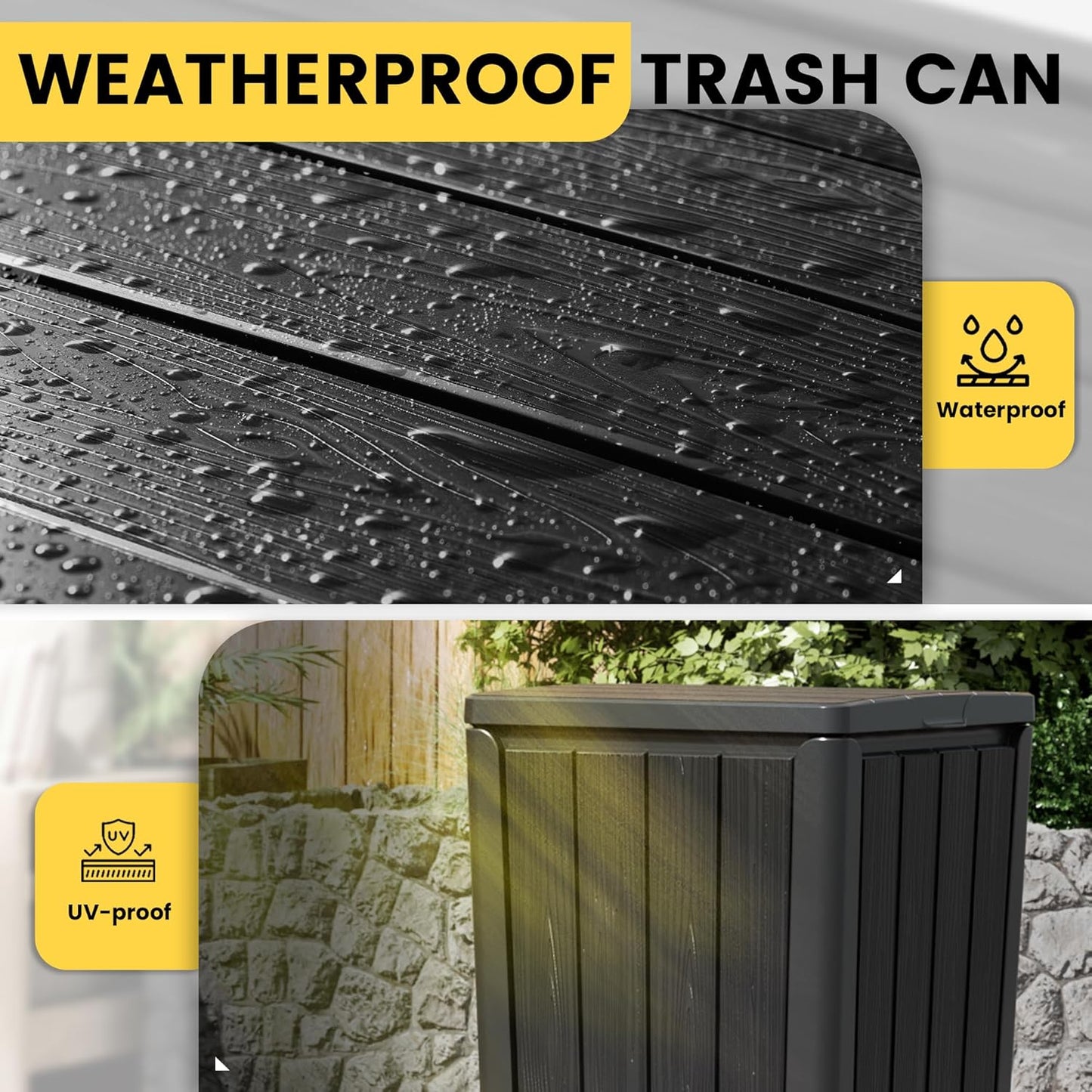 Outdoor Trash Can with Lid, Waterproof Resin Garbage Can with Tiered Lid, Outside Trash Bin for Patio, Kitchen, Backyard or Deck