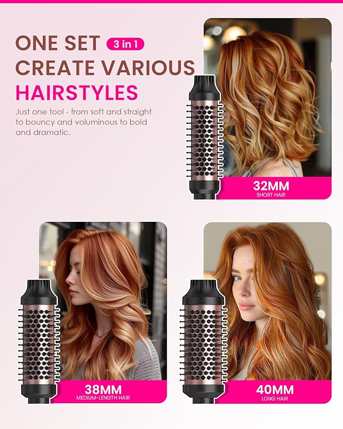 Thermal Brush Set 3 in 1 Hot Hair Curling Iron Brush, Dual Voltage 110-220V Travel Round Head Hair Styling 11 Temp Settings Fast Heated（1.25"&1.5"&1.75" for Women Volume Smoother