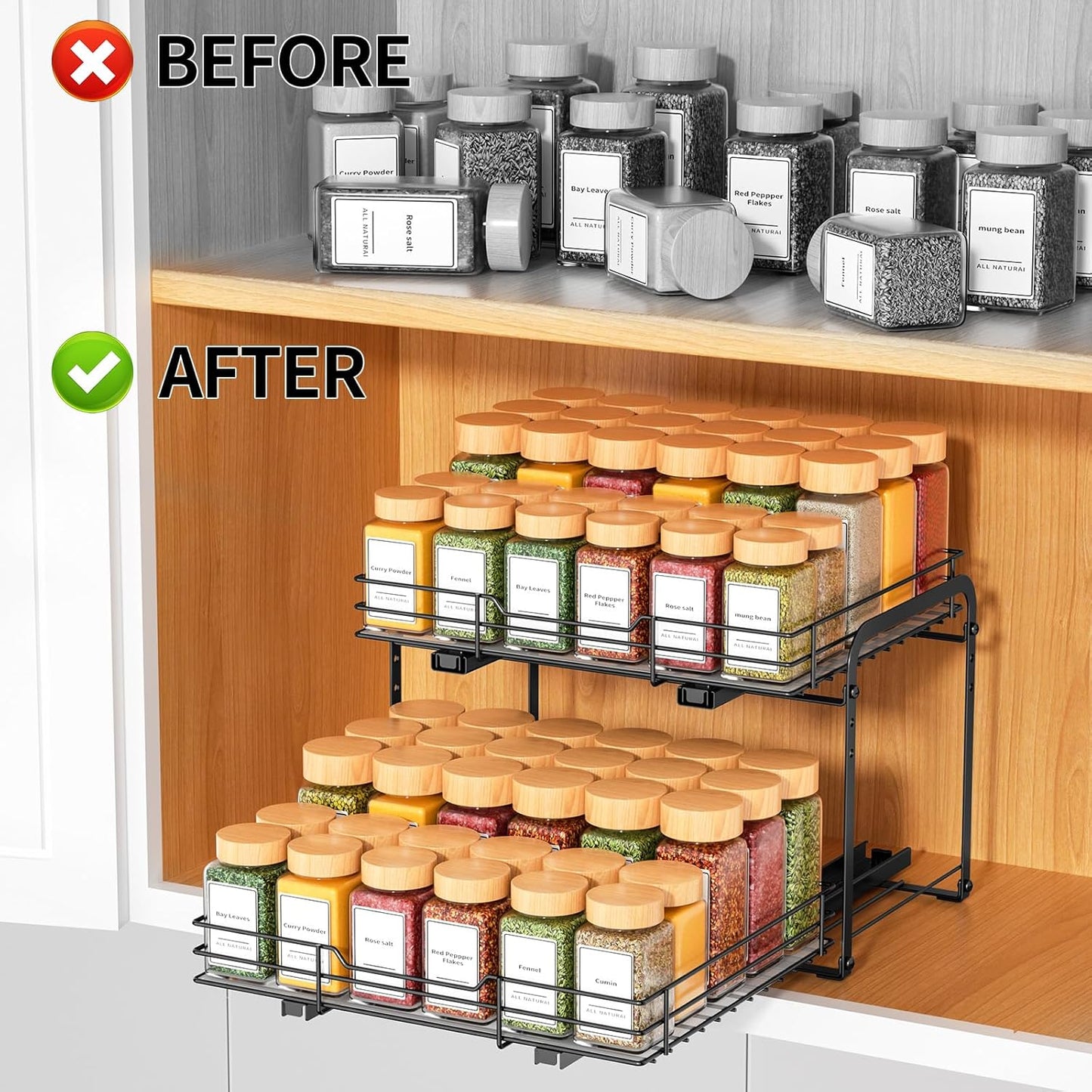 RCHYFEED Spice Rack Organizer for Cabinet, 2 Tier Slide out Spice Organization for Inside Cabinets & Pantry, Heavy Duty Adjustable Metal Spice Racks for Seasoning Organizer (13.5" Wx10.5 Dx9.5 H)