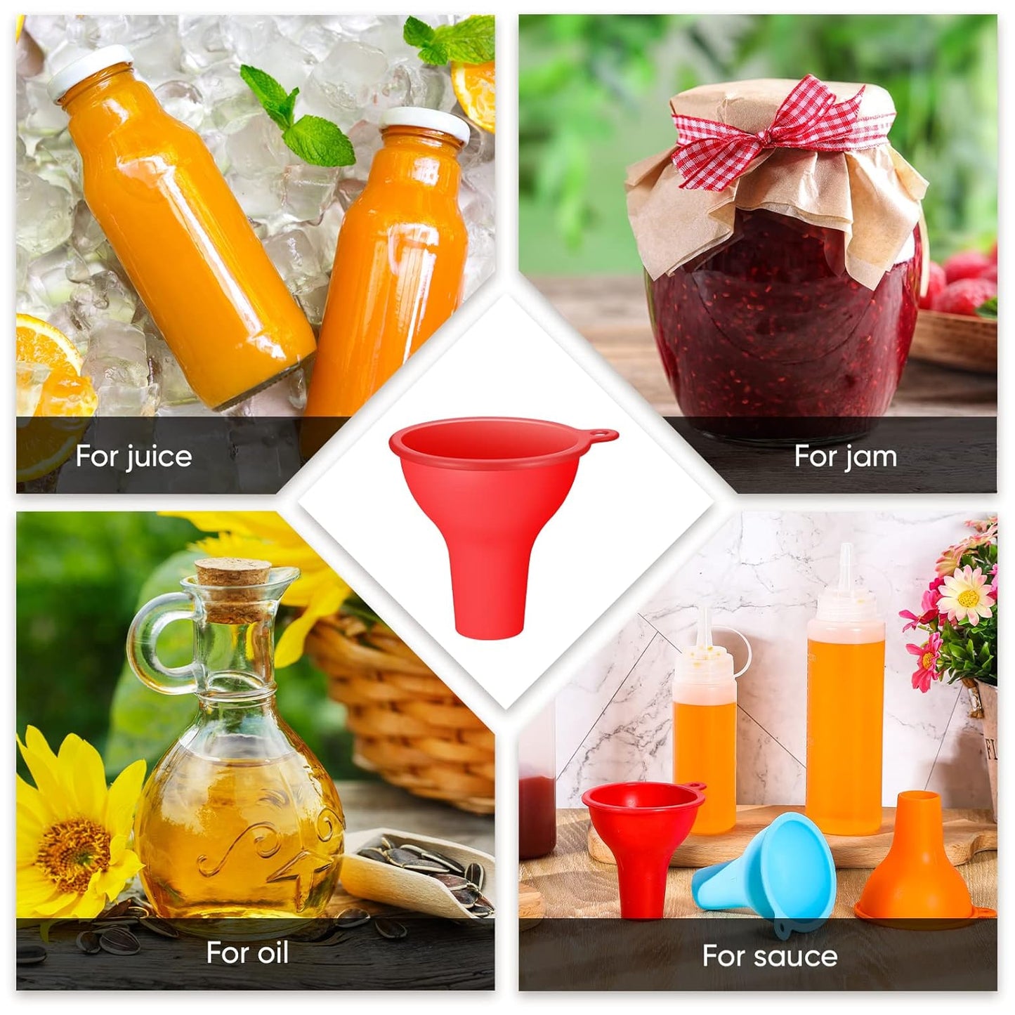 Silicone Funnels 4 Pieces Wide Mouth Funnel Flexible Condiment Sauce Canning Set for Home Restaurant Kitchen Squeeze Bottles Jars Cans, 3.2 x 1 Inch