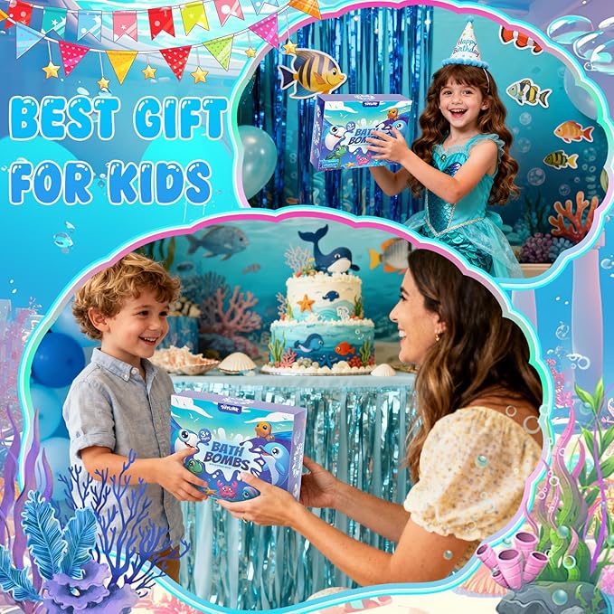 Ocean Bath Bombs for Kids with Toys Inside, 12 Pack Kids Shell Bath Bombs with Surprise Sea Animal Toys for Boys Girls Handmade Bubble Bath Fizzies Birthday Christmas Gift Set