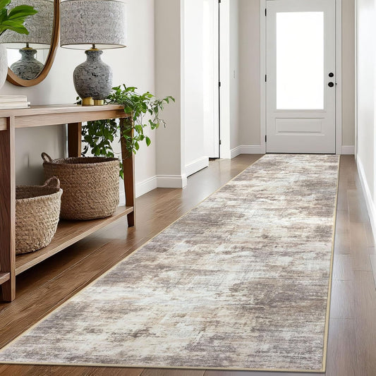 IOHOUZE Abstract Runner Rug 3x16 Ft Long Washable Runners for Hallways, Non Slip Kitchen Runner Printed Faux Wool Entryway Runner Indoor, Modern Abstract Floor Carpet for Hall Stair, Beige Brown