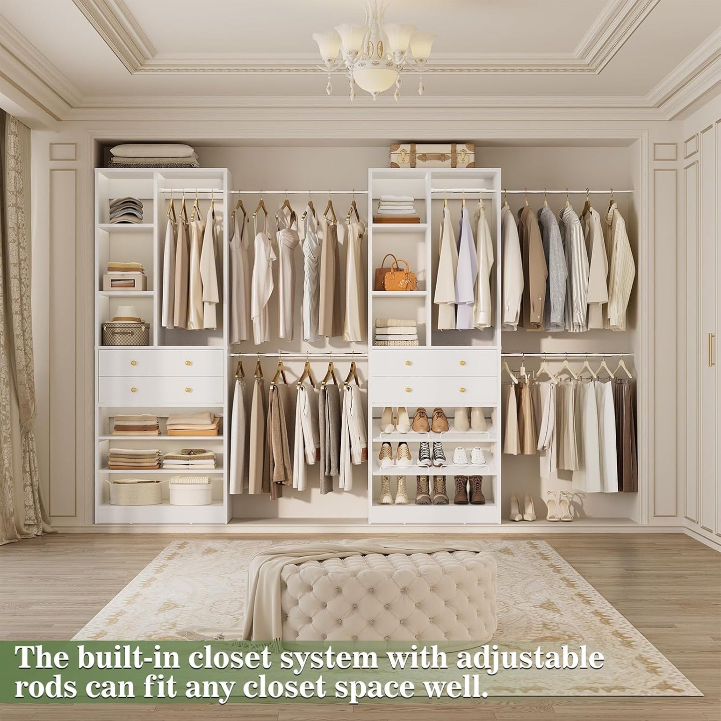 Closet System, Up to 134"/11.2 FT Closet Organizer with 4 Wooden Drawers and Shelves, Walk-in Closet System with 6 Hanging Rods, Built-in Closet Can Fit 96"/8FT, 120"/10FT, White
