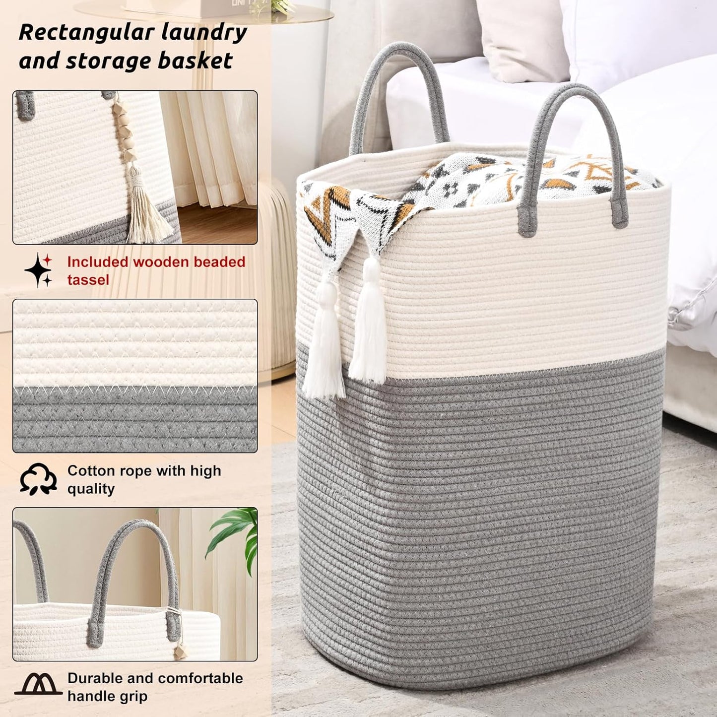 Woven Laundry Basket for Clothes, 65L Large Rectangle Laundry Hampers with Beads Tassel, Nursery Storage Basket for Toys, Tall Dirty Clothes Hamper for Bedroom Aesthetic, Laundry Room Organization