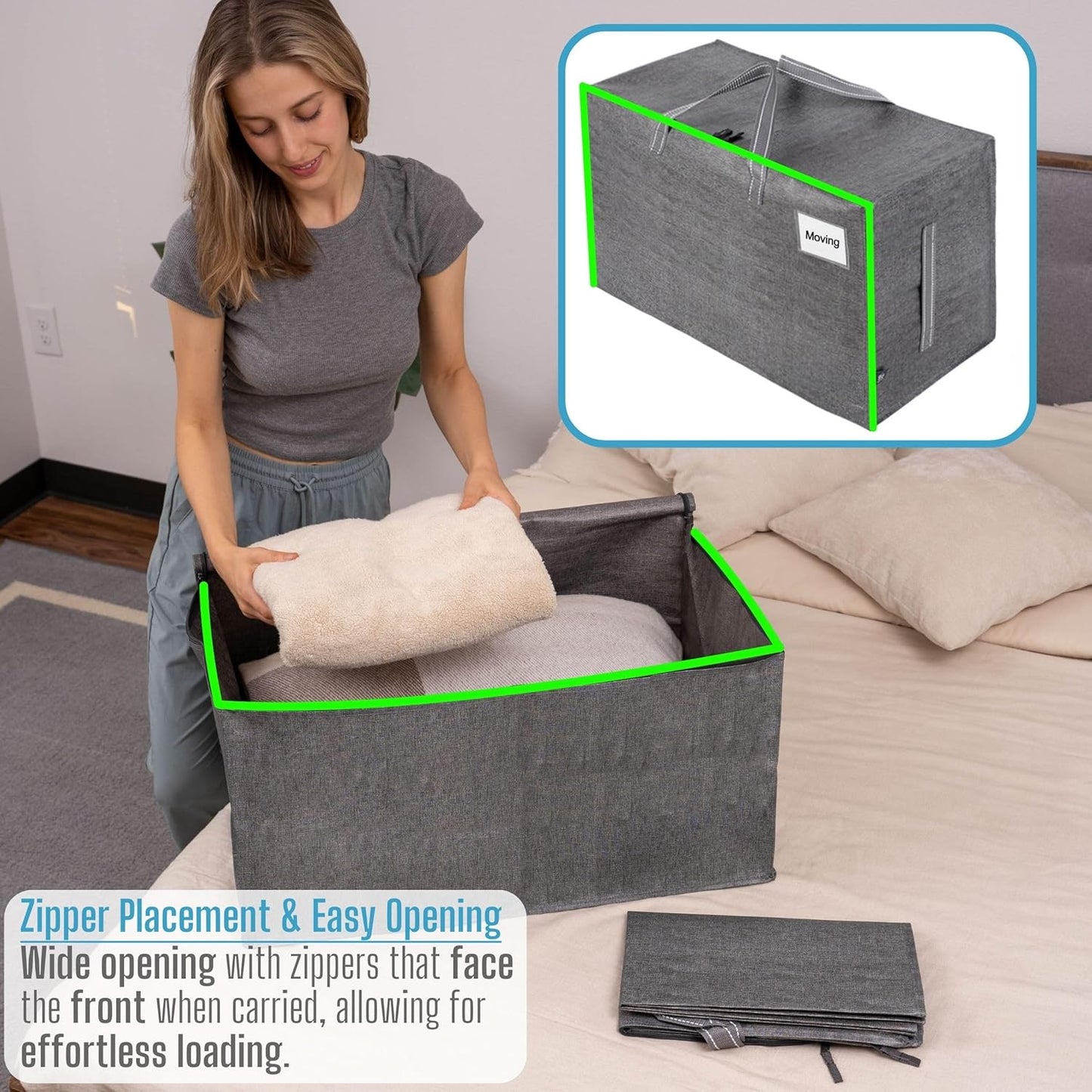 VENO 8 Pack Moving and Storage Bags, Heavy Duty, Alternative to Moving Boxes, Large Packing Totes Supplies for College Dorm Room with Zipper for Clothes, Wide Open Design (Dark Gray, 8 Pack)