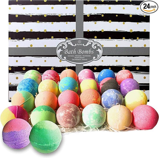 Fathers Day Bath Bomb Gift Set for Men. 24 Luxury Bath Bombs Individually Wrapped Bulk Moisturizing Organic Bath Fizzies for Women, Men Kids! Best Bath Spa Set for Dad & Teens! Gifts for Him