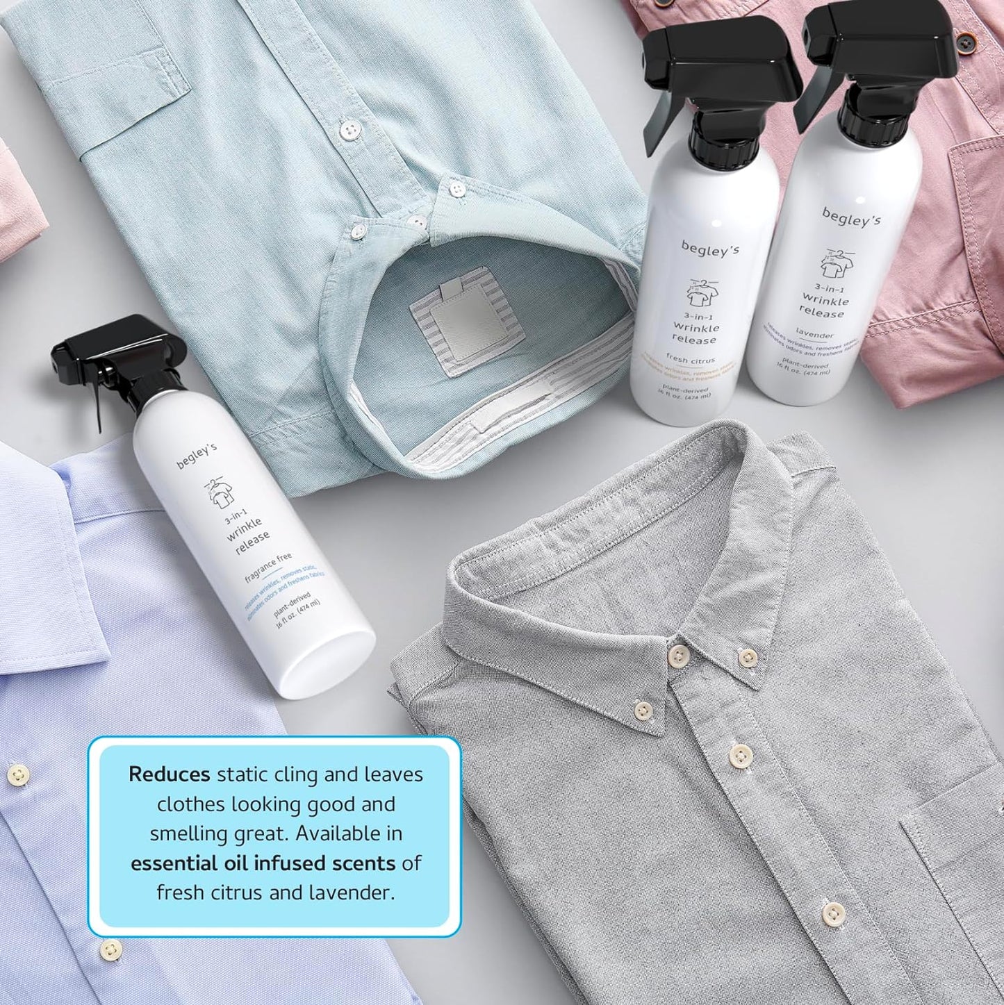 Begley's 3-in-1 Wrinkle Remover, Quick Fix Wrinkle Release, Static Cling Remover, Odor Eliminator and Fabric Refresher Spray - USDA Certified Biobased - Lavender, 16 oz