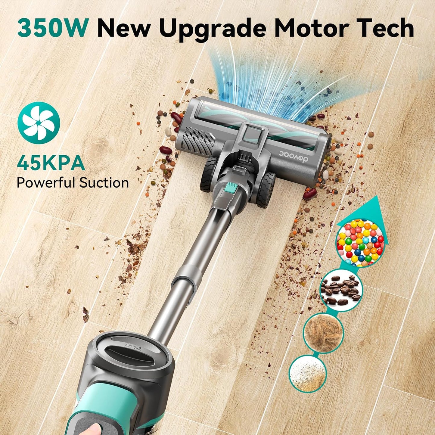 DEVOAC S10K Cordless Vacuum Cleaner, 45Kpa 50mins Lightweight Stick Vacuum with Powerful Suction for Home, Rechargeable, Self-Standing, Handheld Vacuum Cleaners for Hardwood Floors, Carpets, Pet Hair