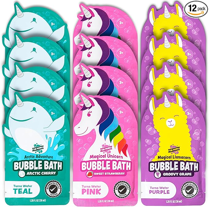 Tub Works® Magical Kids Bubble Bath, Variety 12 Pack | Creates Colorful Water & Tons of Foam Bath Bubbles | Nontoxic | Character-Themed Bubble Bath for Kids | Pink, Purple & Teal Bath Colors