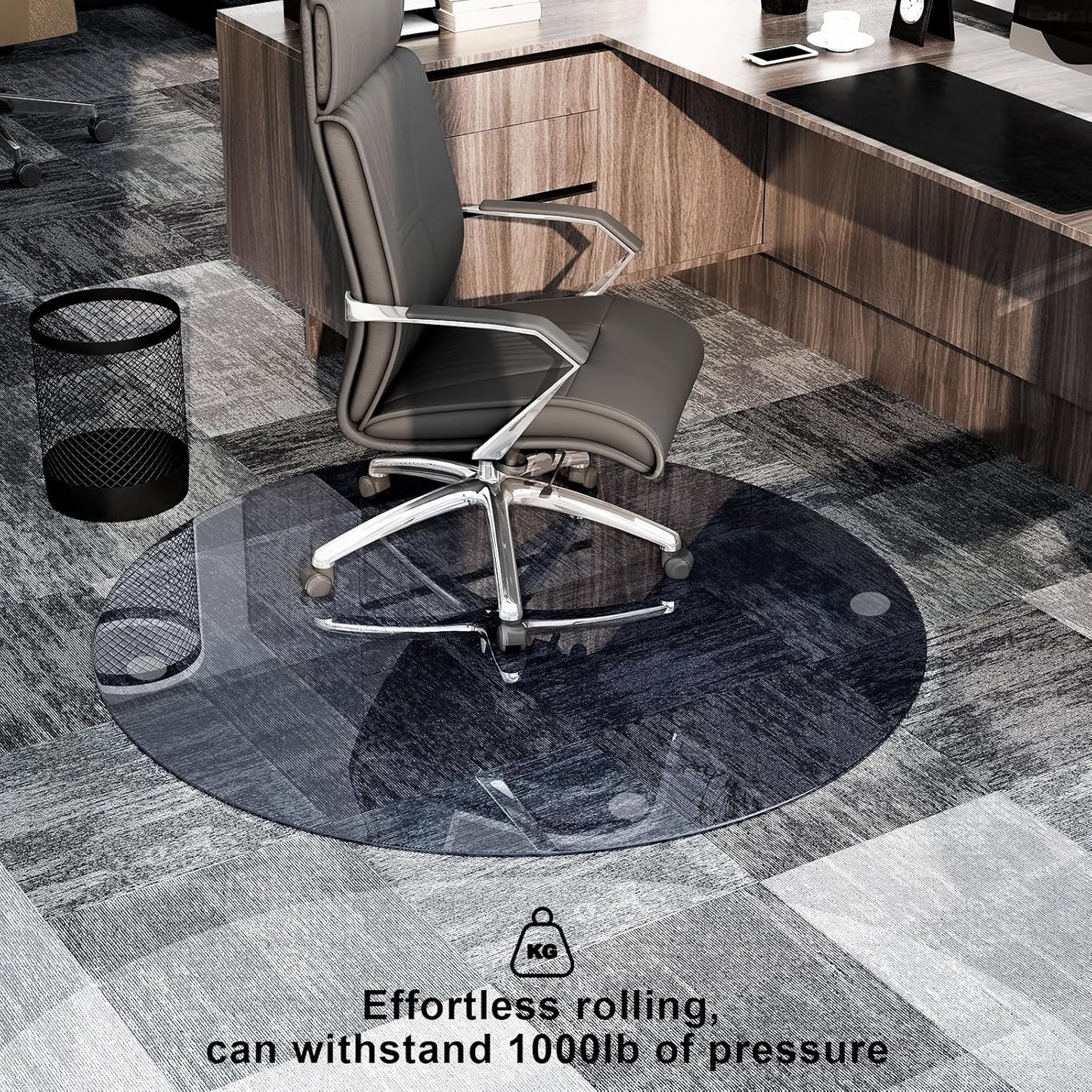 GLSLAND Round Tempered Glass Floor Mat - 55" Office Chair Mat for Carpet Blue & Gray Clear Glass Mat 1/5" Thick for Hardwood Floor/Carpeted Floors