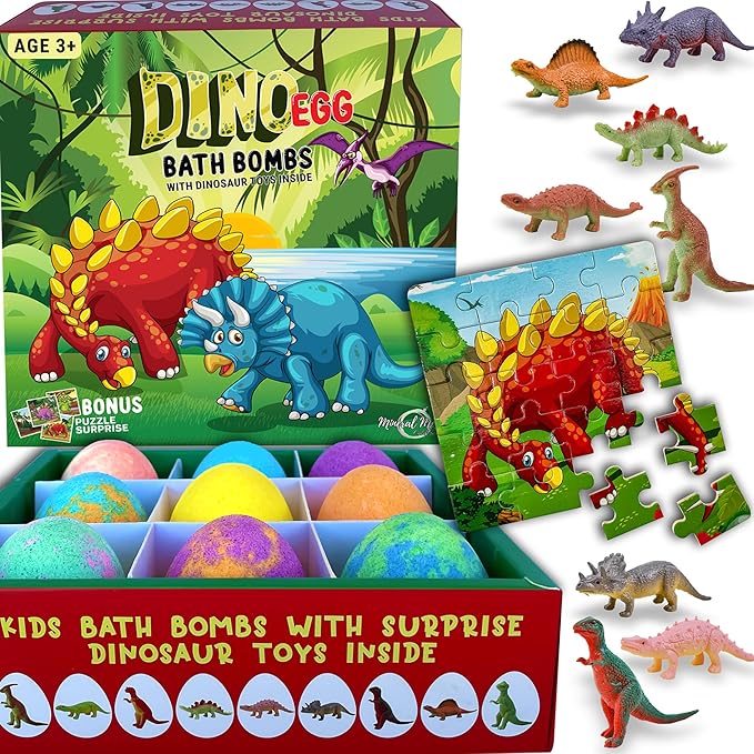 Bath Bombs for Kids with Surprise Toys Inside Plus Dinosaur Puzzle - Set of 9 Organic Dino Egg Bath Bombs, Gentle and Kids Safe, Fizzy Balls with Rich Bubbles, Birthday Gifts for Boys, Girls