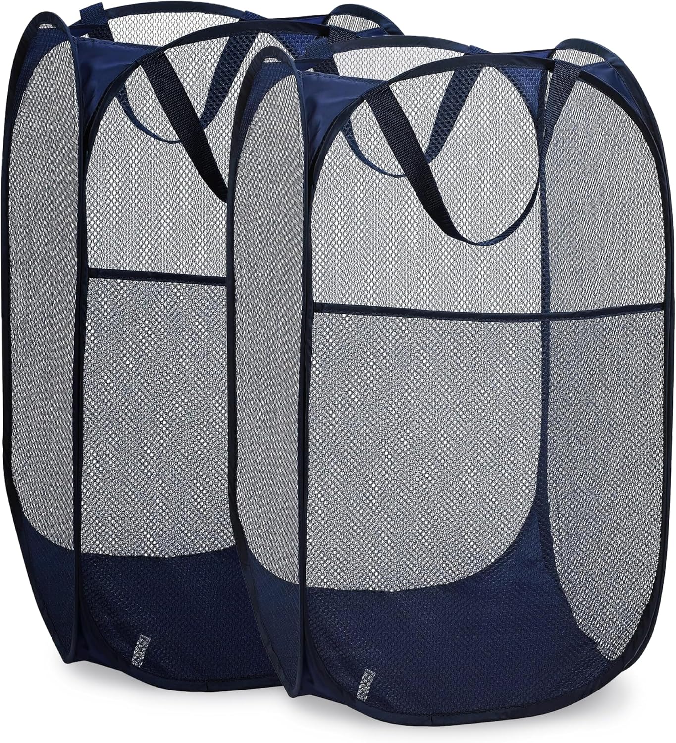 Handy Laundry Collapsible Mesh Pop Up Hamper with Wide Opening and Side Pocket - Breathable, Sturdy, Foldable, and Space-Saving Design for Clothes and Storage (Blue | 2-Pack)