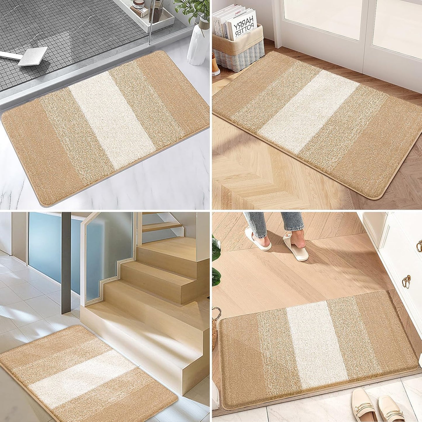 Kitinjoy Indoor Outdoor Door Mat, 36x24 Non-Slip Absorbent Dirt Trapper, Low-Profile Washable Inside Entrance Front Floor Mat, Sturdy Soft Entry Doormats for Entryway, Beige