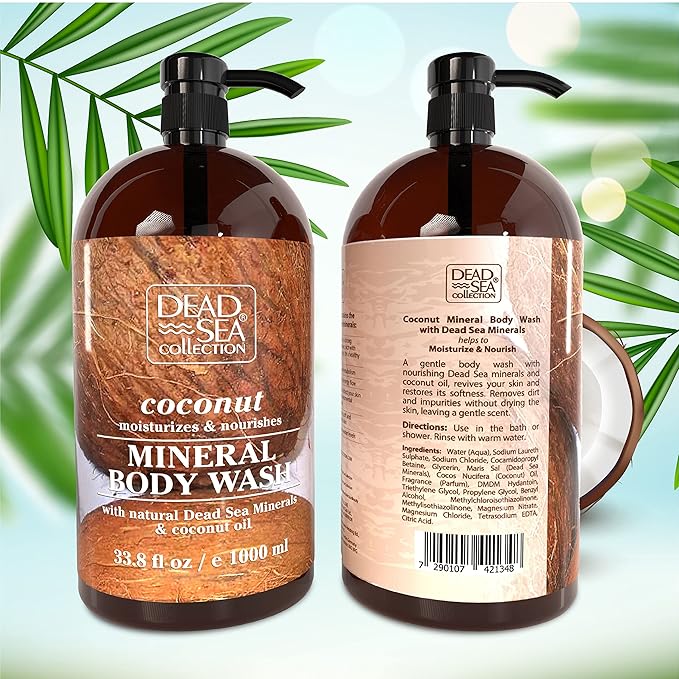 Dead Sea Collection Coconut Body Wash for Women and Men - with Pure Dead Sea Minerals and Coconut Oil - Cleanses and Moisturizes Skin (33.8 fl. oz)
