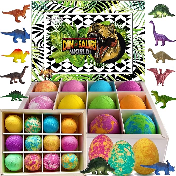 Bath Bombs for Kids with Surprise Inside - 12 Dinosaur Bath Bombs with Toys, Organic Colorful Bubble Bath Fizzies, Dino Egg Bath Bomb w/Rich Bubbles, Birthday Gifts for Kids, Boys, Girls