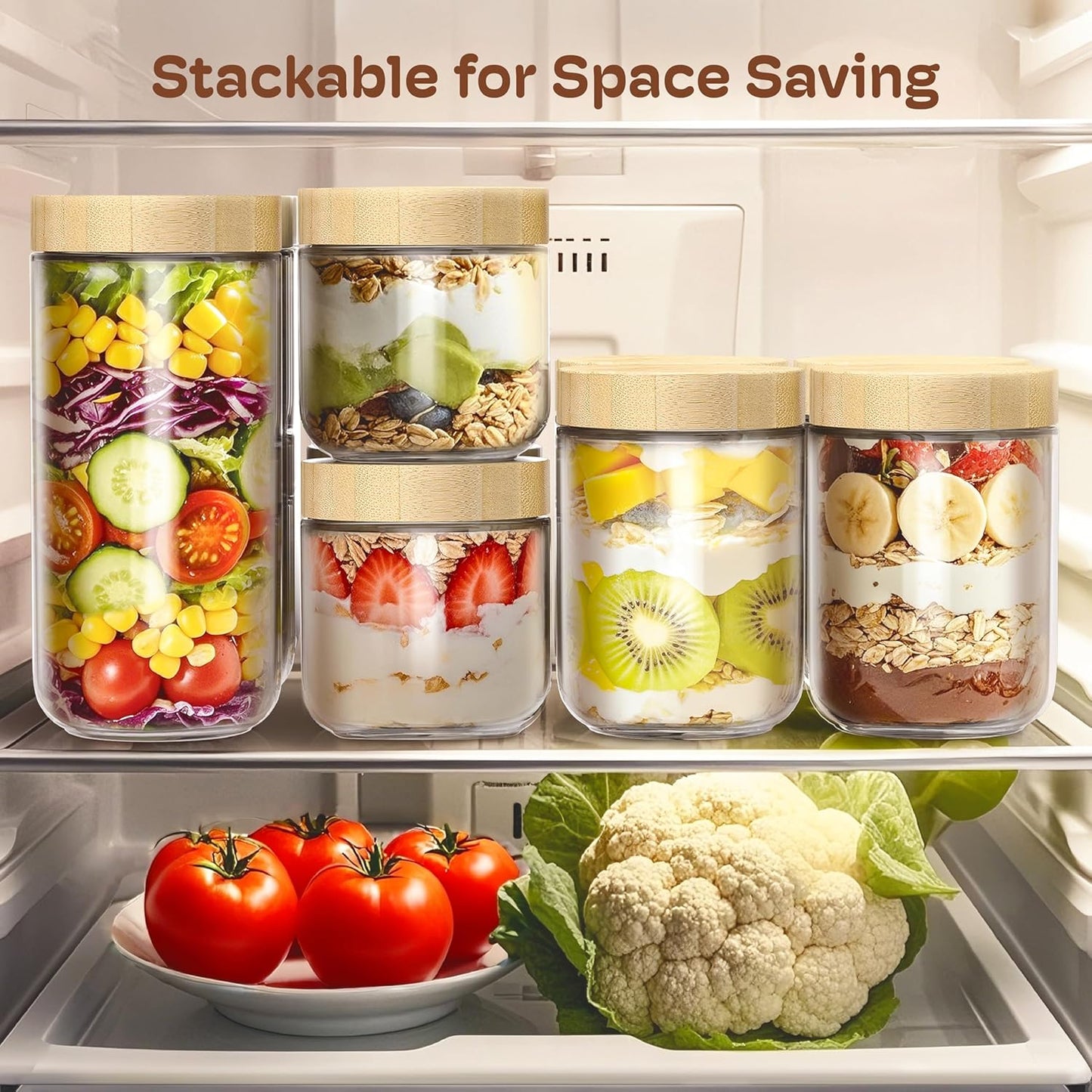 6 Pack 16oz Overnight Oats Containers with Bamboo Lids, Glass Jars with Airtight Lids for Meal Prep, Wide Mouth Mason Salad Jars, Glass Food Storage Container for Yogurt Chia Snacks Spice Sugar