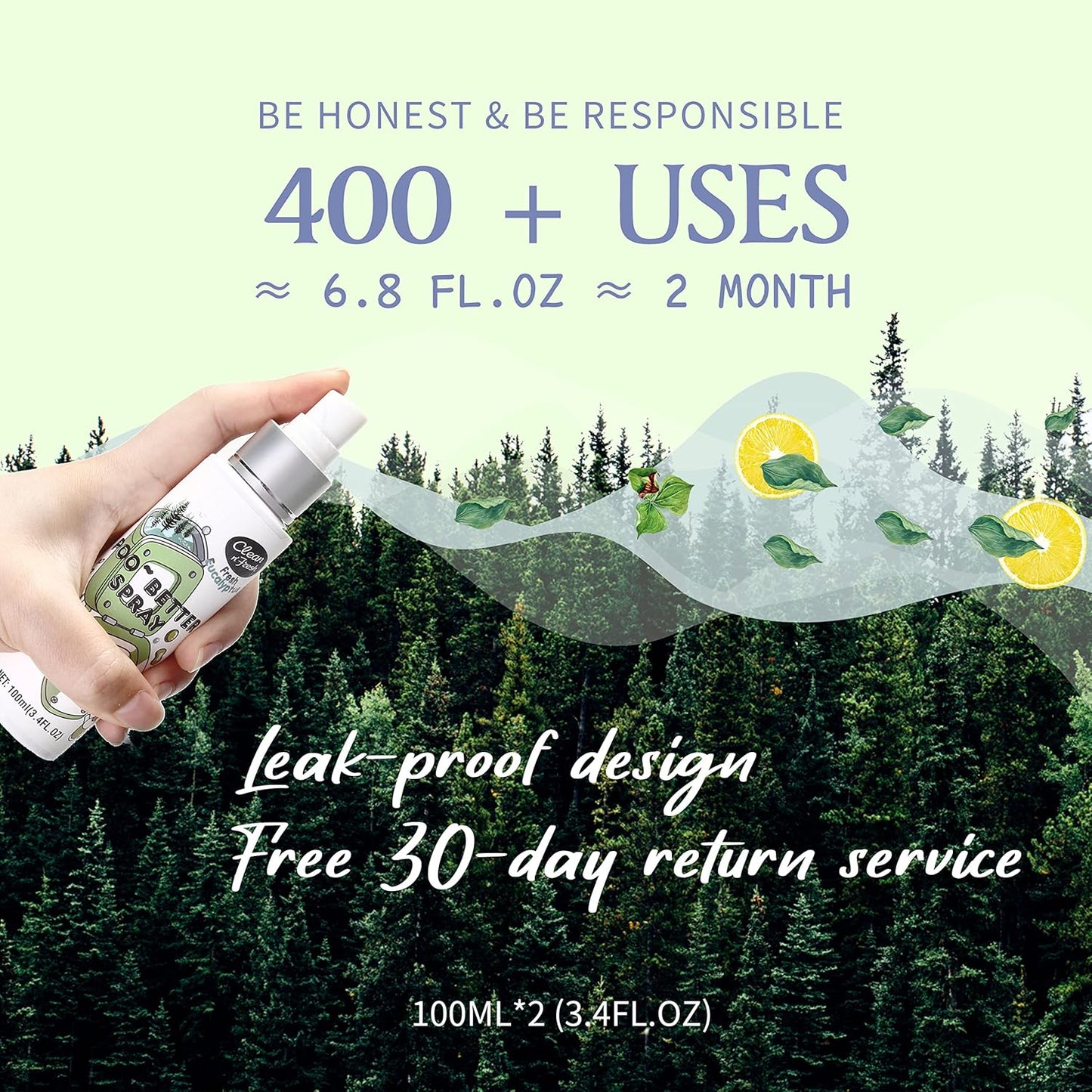 Clean-n-Fresh Toilet Spray, Poop Spray Eucalyptus Scent, 100% Natural Plant Essential Oil Bathroom Air Fresheners Spray, 400 Plus Uses, Long Lasting Odor Eliminator, 2 Pack