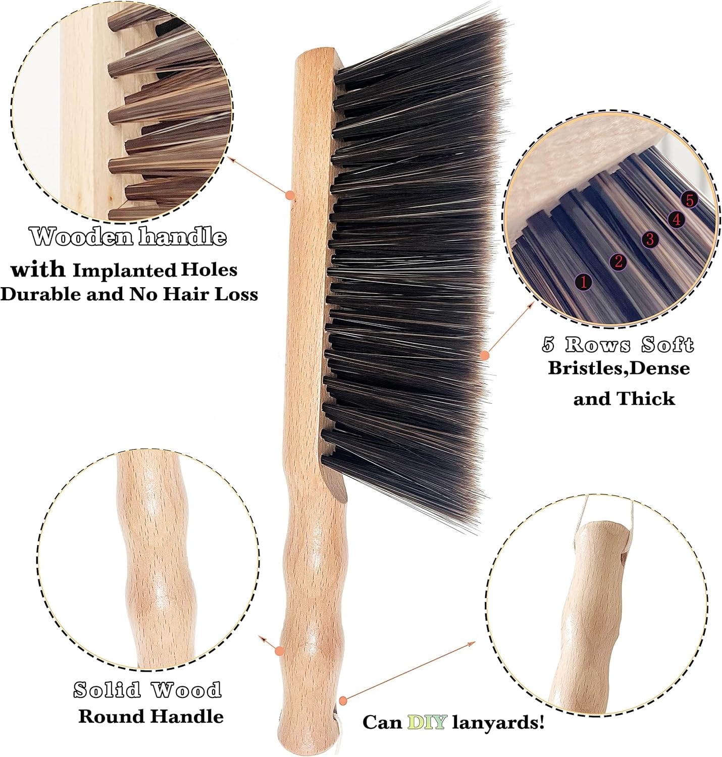 5pcsHand Broom Beech Wood Brush,Dust Brush,Duster for Counter,12inch Foxtail Bench Brush, Round Handle Handheld Brushes,5 Rows Soft Bristles for Bed,Shop Table,Woodworking Cleaning,Car,Sofa,Furniture
