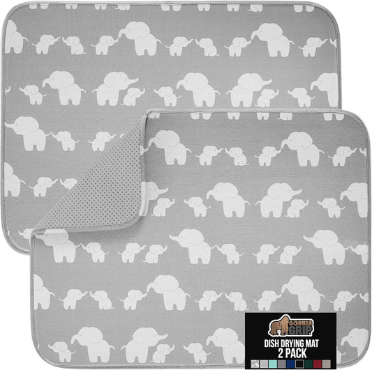 GORILLA GRIP Ultra Water Absorbent Microfiber Dish Drying Mat, 18x24, Quick Dry Mesh, Slip Resistant Pad for Sink Dishes or Under Rack, Kitchen Counter Accessories, Machine Wash, 2 Pack Elephants