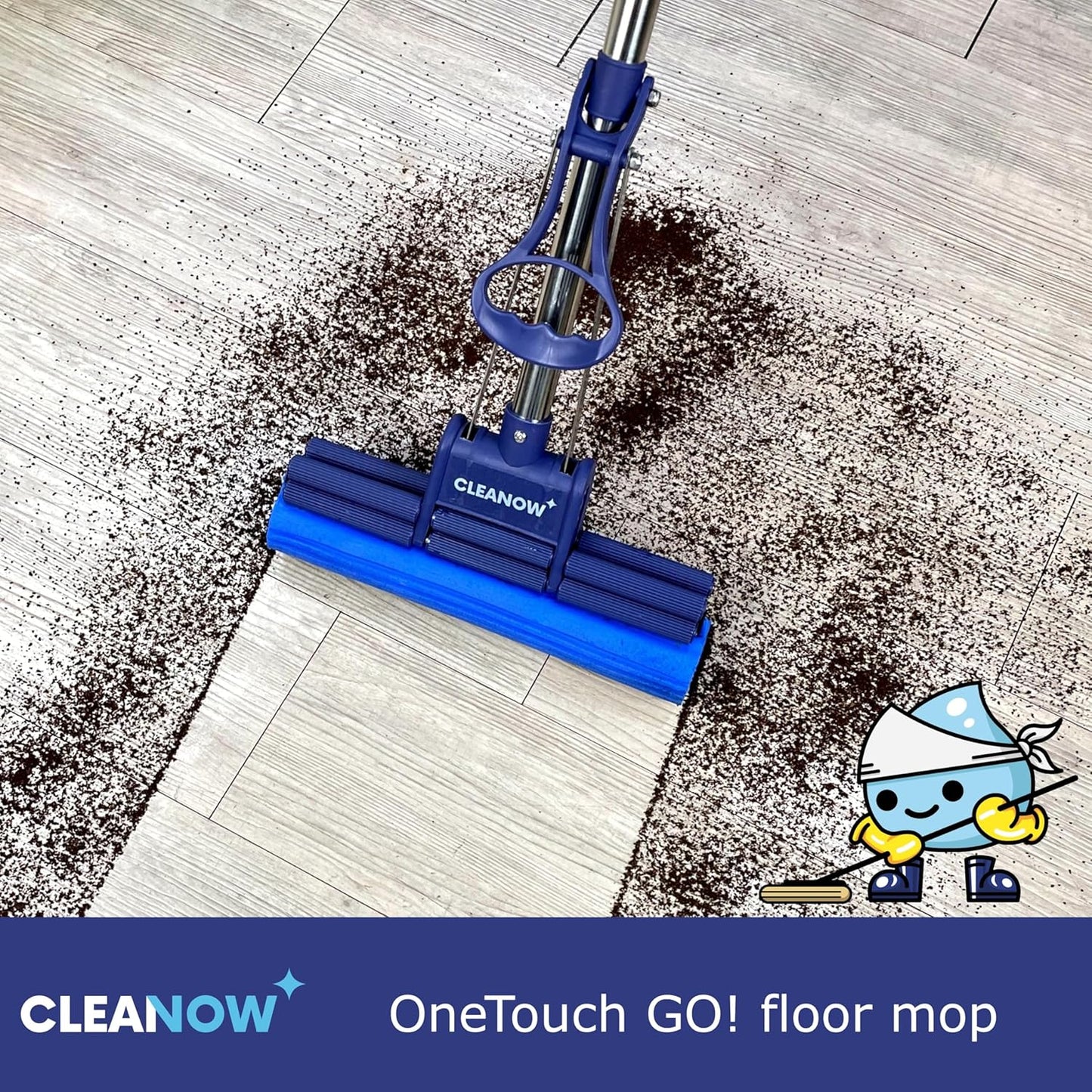 OneTouch GO! Floor Cleaner, Wring Mop, Cleaning Tool with Wringing Function - Sponge mop for Cleaning Floors- with PVA Sponge and Stainless Steel mop Handle