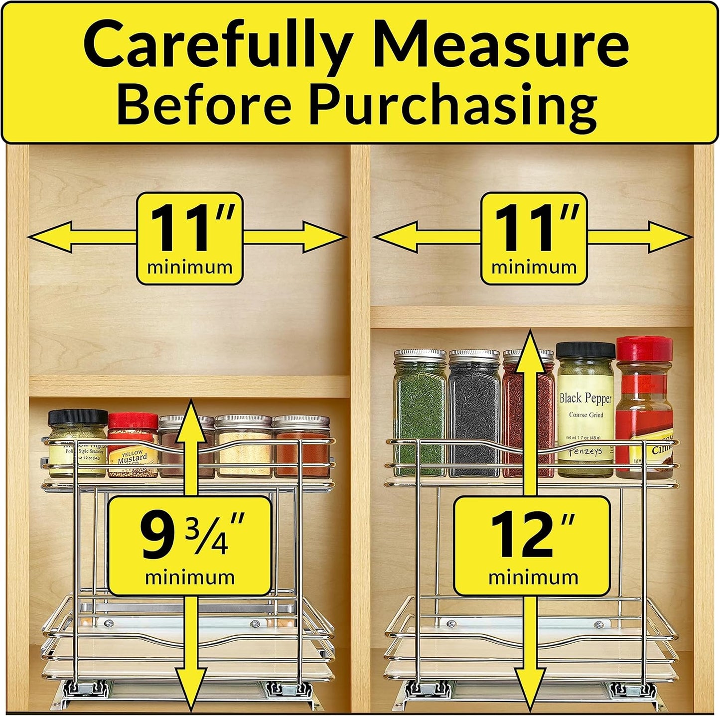 LYNK PROFESSIONAL® Pull Out Spice Rack Organizer for Inside Kitchen Cabinets - 10-1/4 inch Wide - Slide Out Drawer – Chrome Sliding Spice Cabinet Organization Shelf Racks - 2 Tier