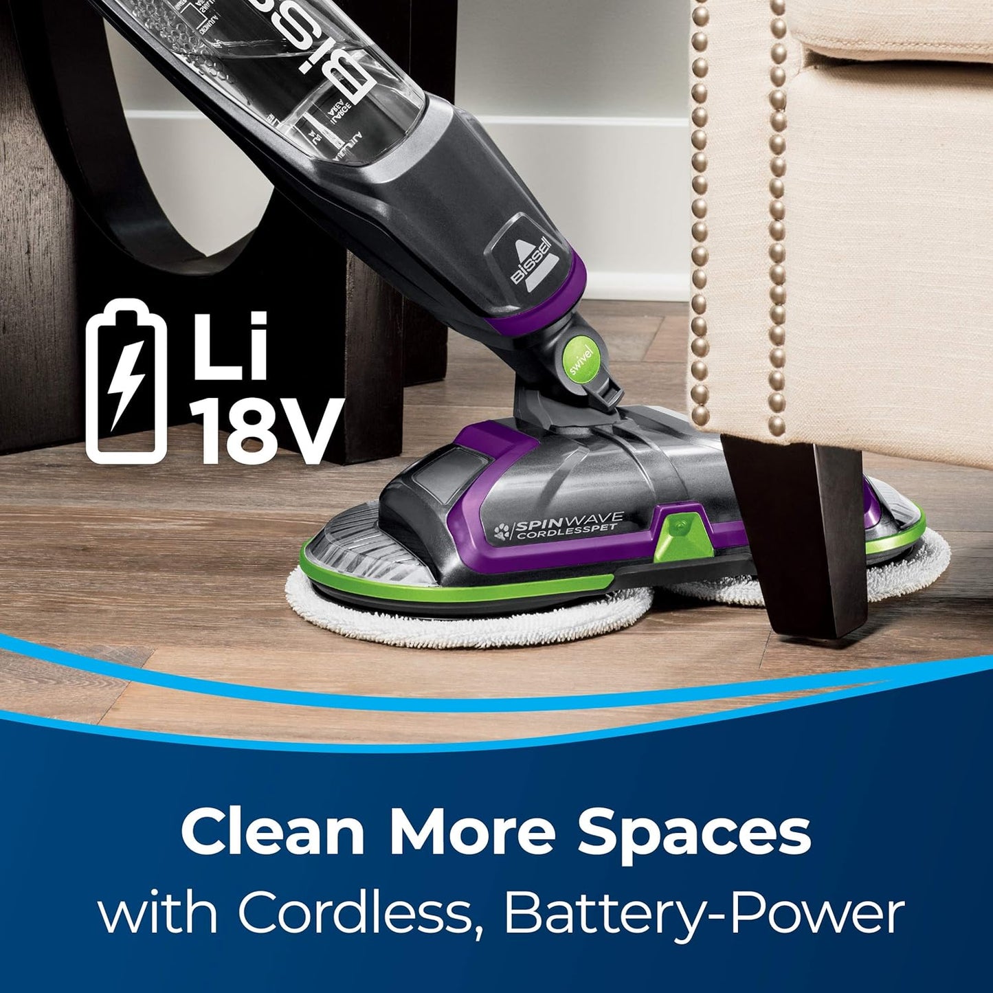BISSELL® Spinwave Cordless Pet Hard Floor Spin Mop Cleaner 18V with washable mop pads for sealed hard floors, 23157