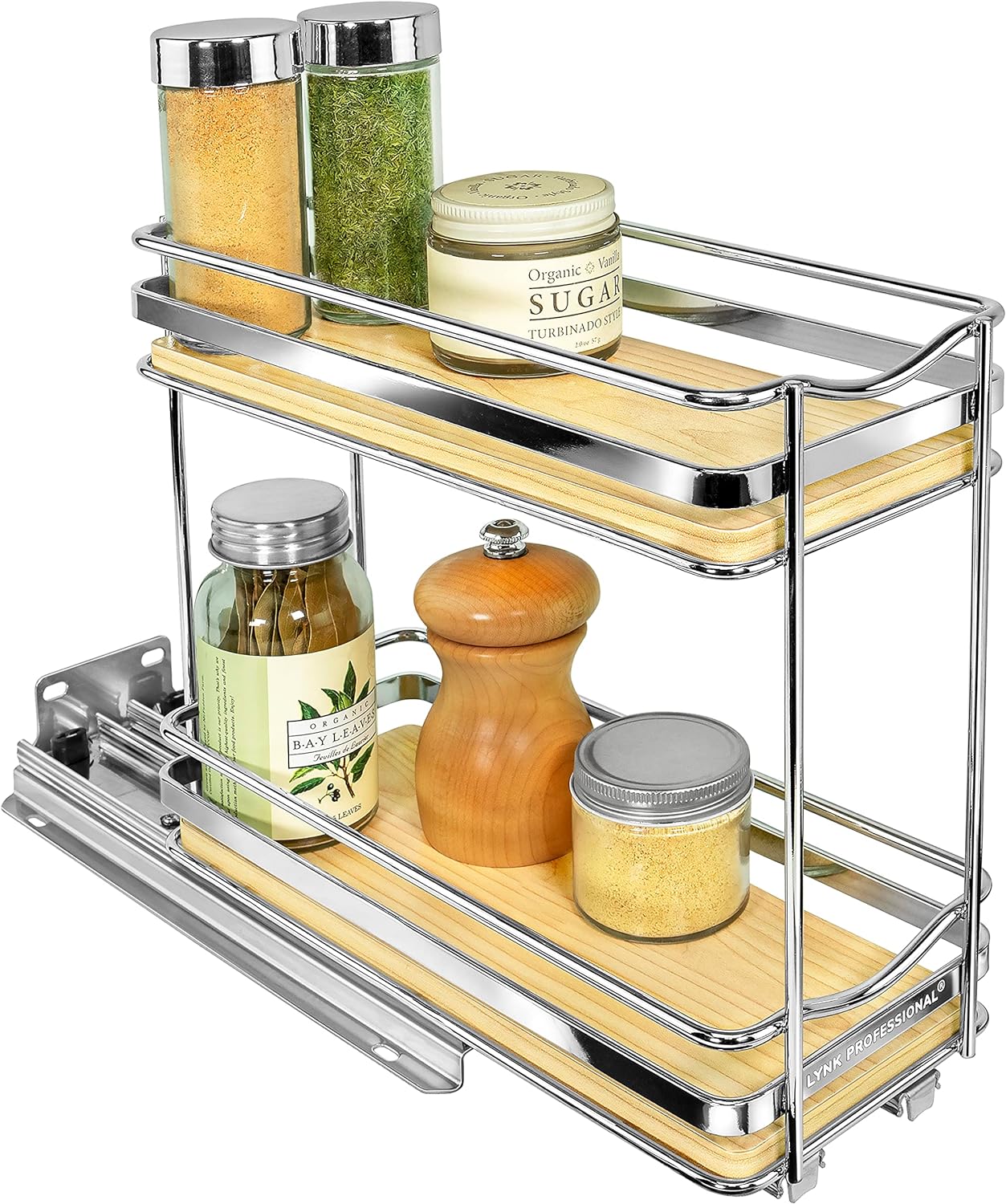 LYNK PROFESSIONAL® Élite™ Pull Out Spice Rack Organizer for Inside Kitchen Cabinets - 4-1/4 inch Wide - Slide Out Drawer – Wood/Chrome Sliding Spice Cabinet Organization Shelf Racks - 2 Tier