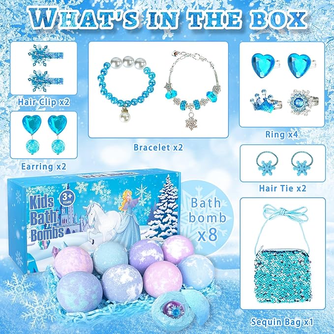 Bath Bombs for Kids with Surprise Inside, 8 Pack Bath Bombs with Frozen Toys, Princess Jewelry & Cross-Body Bag, Natural Fizzy Bubble Bath Balls with Jewelry Set, Christmas Birthday Gift for Girls