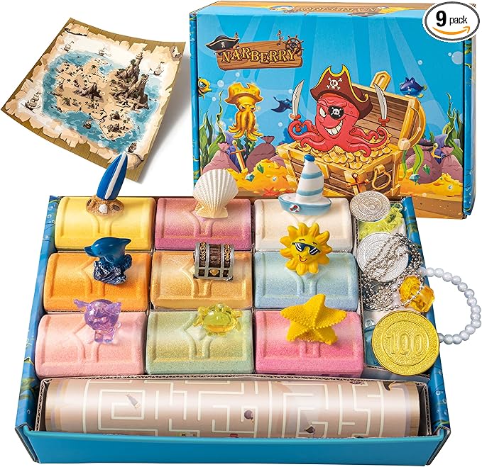 Bath Bombs for Kids with Surprise Toys Inside, 9 Pack Treasure Chest Bath Bombs Gift Set, Handmade Bubble Bath Fizzes Bomb with Toys, for Child-Safe, Fun & Educational, Ideal Gift for Kids