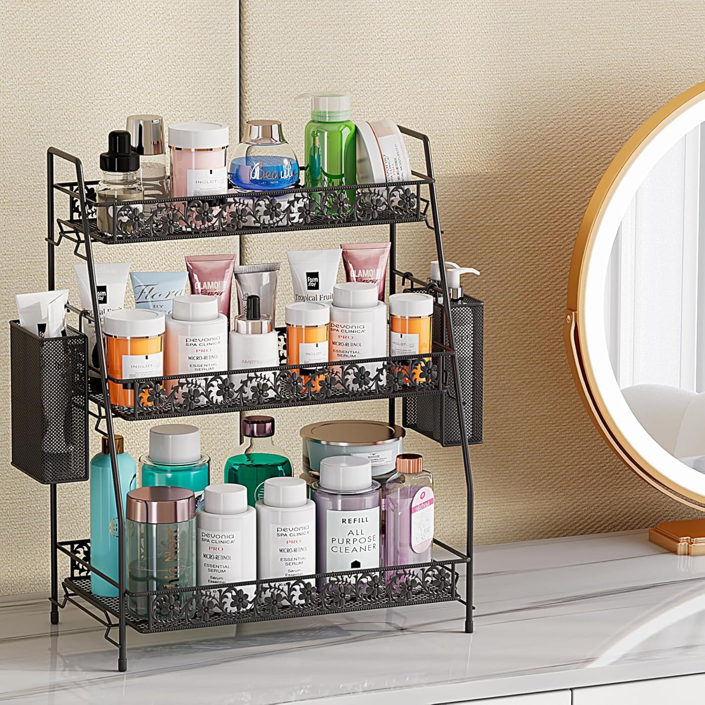 3-Tier Large Size Storage Rack,Counter Organiztion for Bathroom Countertop Organizer Shelf for Spice Racks for Kitchen/Sink/Bedroom/Living room/Office/Plant Rack with Two Metal Baskets