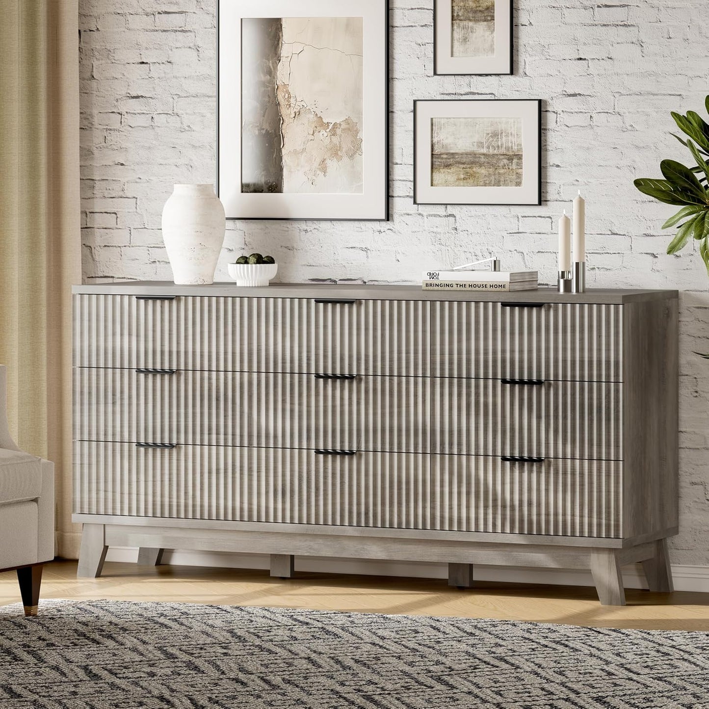 Fluted Dresser with 9 Drawers, 63" Wide Modern Chest of Drawers with Metal Handle, Wooden Dresser TV Stand, Wood Closet Clothes Storage Organizer for Bedroom, Living Room, Hallway, Light Grey