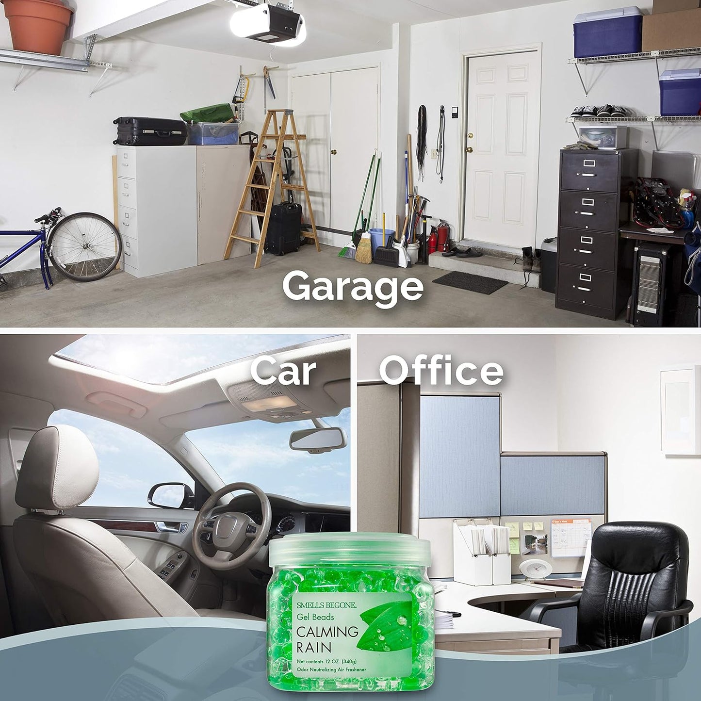 SMELLS BEGONE Odor Eliminator Gel Beads - Air Freshener - Eliminates Odor in Bathrooms, Cars, Boats, RVs and Pet Areas - Made with Essential Oils - Calming Rain Scent - 12 Ounce