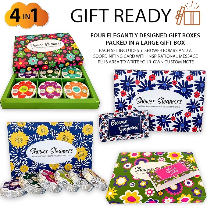 Shower Steamers for Women Gift Set, 24pc Shower Bombs Aromatherapy Gift Set w/Organic Essential Oils. Shower Melts, Bath Bombs for Shower, Birthday Gifts, Individually Wrapped & 4 Boxes of Pack of 6